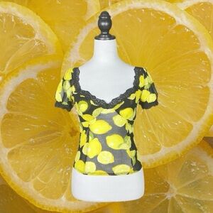 Urban Outfitters Kimchi Blue Black & Yellow Lemon Print Mesh Lace Trim Top M